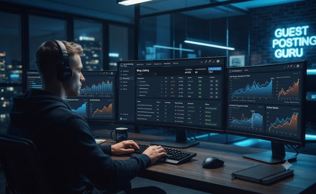 SEO Expert Analyzing Website Analytics and Guest Posting Campaign